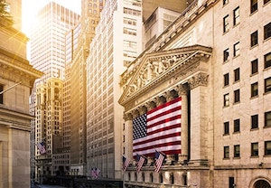 New York Stock Exchange with patriot flag